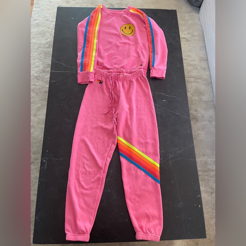 Aviator Nation Pink Sweatshirt and Joggers with Rainbow Stripe Top 14 Pants XS